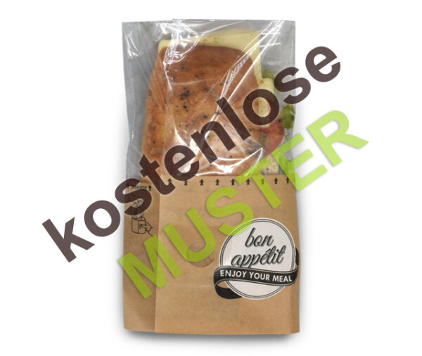 Musterartikel Snackbag zum Aufreißen "bon appétit" Fifty Fifty, Papier braun + PET, S, 15x6,5x13 cm