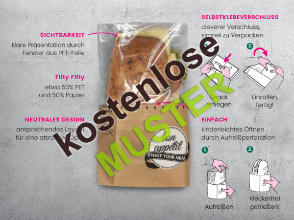 Musterartikel Snackbag zum Aufreißen "bon appétit" Fifty Fifty, Papier braun + PET, S, 15x6,5x13 cm