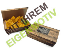 Anfrage: Snack-Box groß mit Klappdeckel, Recyclingkarton braun + Fettbarriere (plastikfrei), 300 g/m², 3-4 fbg. Druck (Echtfarben)
