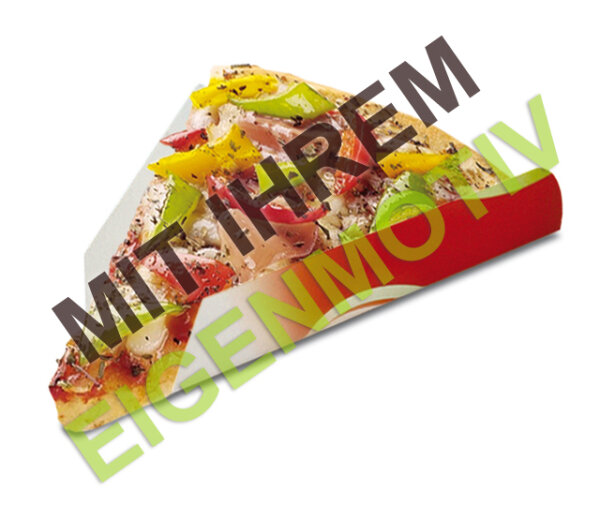 Anfrage: Pizza-Ecke, Recyclingkarton braun + Fettbarriere (plastikfrei), 300 g/m², 3-4 fbg. Druck (Echtfarben)