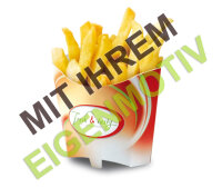 Anfrage: Pommes-Schütte 196 ml, Recyclingkarton braun + Fettbarriere (plastikfrei), 300 g/m², 1-2 fbg. Druck (Echfarben)