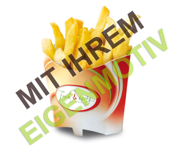 Anfrage: Pommes-Schütte 56 ml, Recyclingkarton braun + Fettbarriere (plastikfrei), 300 g/m², 1-2 fbg. Druck (Echfarben)