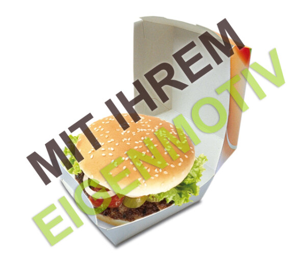 Anfrage: Burger-Box klein, 108/89x108/89x70 mm, Chromokarton weiß, ca. 250 g/m², 1 fbg. Druck Skala (1C)