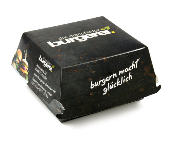 Anfrage: Burger-Box klein, 108/89x108/89x70 mm, Recyclingkarton braun + Fettbarriere (kunststofffrei), 300 g/m², 3-4 fbg. Druck (Echtfarben)