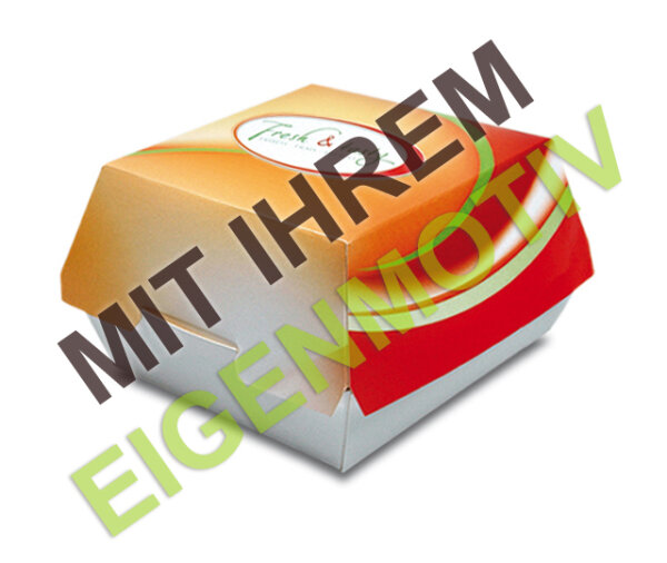 Anfrage: Burger-Box XXL, 150/145x150/145x75 mm, Recyclingkarton braun + Fettbarriere (kunststofffrei), 300 g/m², 3-4 fbg. Druck (Echtfarben)