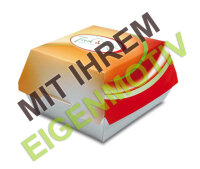 Anfrage: Burger-Box XXL, 150/145x150/145x75 mm, Recyclingkarton braun + Fettbarriere (plastikfrei), 300 g/m&sup2;, 3-4 fbg. Druck (Echtfarben)