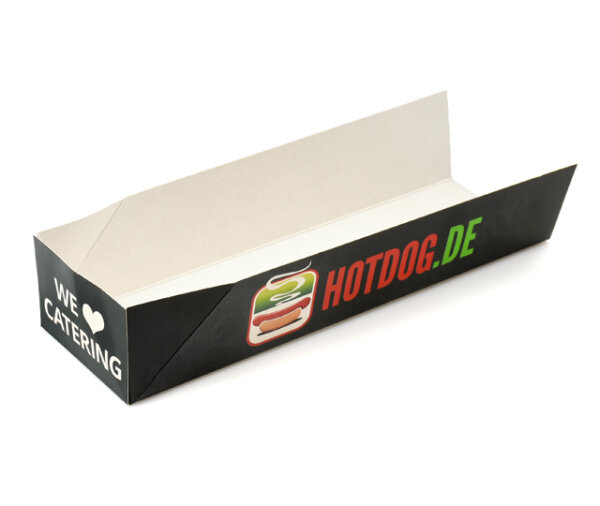 Anfrage: Hot-Dog-Tray, Recyclingkarton braun + PET. ca. 365 g/m², 3-4 fbg. Druck (Echtfarben)