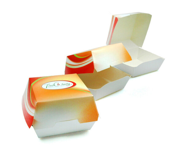 Burger-Box "Fresh & Tasty" klein, bedruckt, Palette 12.000 Stück