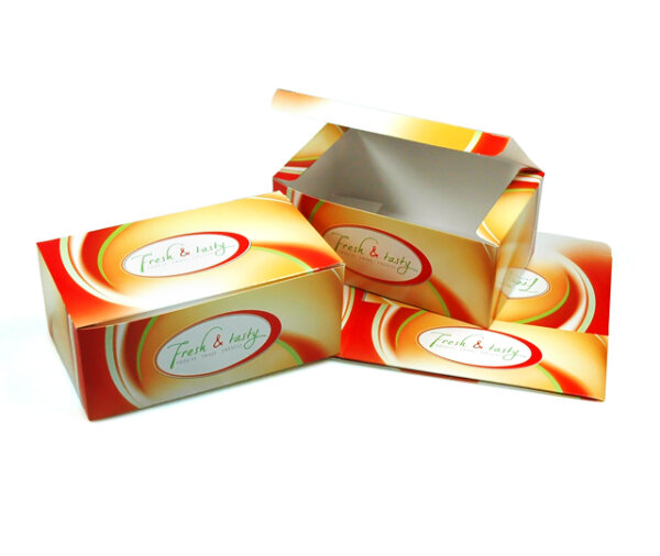 Snack-Faltbox mit Klappdeckel "Fresh & Tasty" 144x85x60 mm, bedruckt, Palette 18.000 Stück