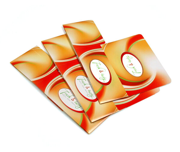 Snack-Faltbox mit Klappdeckel "Fresh & Tasty" 144x85x60 mm, bedruckt, Palette 18.000 Stück