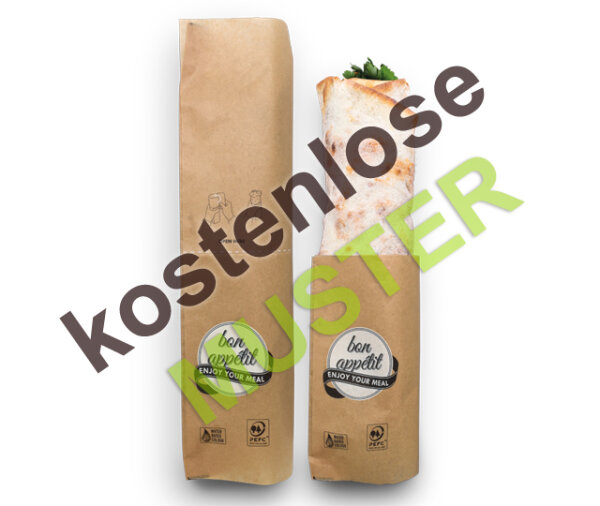 Musterartikel Wrap Bag "bon appétit" braun, 40x12/26 cm, zum Aufreißen