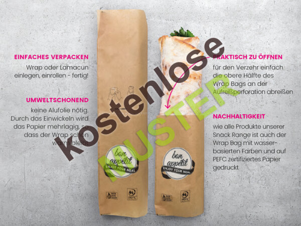 Musterartikel Wrap Bag "bon appétit" braun, 40x12/26 cm, zum Aufreißen