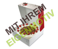 Anfrage: Kuchenkarton / Tortenkarton gro&szlig; 34x34x11 cm, Recyclingkarton braun mit Fettbarriere 400g/m&sup2; 1-fbg. Druck schwarz (1C)