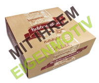 Anfrage: Kuchenkarton / Tortenkarton groß 34x34x11 cm, Recyclingkarton braun mit Fettbarriere 400g/m² 1-fbg. Druck schwarz (1C)