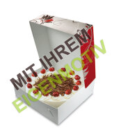 Anfrage: Kuchenkarton / Tortenkarton klein 22x22x10 cm, Recyclingkarton braun mit Fettbarriere 340g/m² 1-fbg. Druck schwarz (1C)