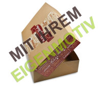 Anfrage: Kuchenkarton / Tortenkarton mittel 31x22x8 cm, Recyclingkarton braun mit Fettbarriere 340g/m² 1-fbg. Druck schwarz (1C)