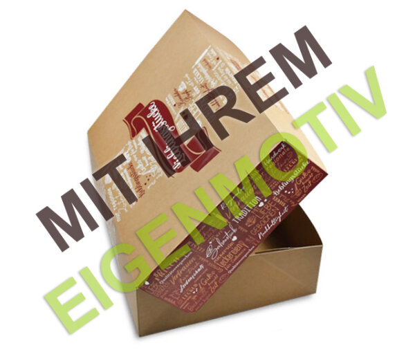 Anfrage: Kuchenkarton / Tortenkarton mittel 31x22x8 cm, Recyclingkarton braun mit Fettbarriere 340g/m² 4-fbg. Druck Skala (4C)