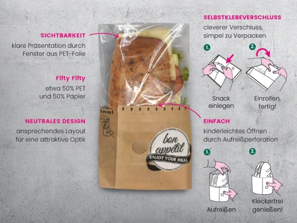 Snackbag zum Aufreißen "bon appétit" Fifty Fifty, Papier braun + PET, XL, 28x7,5x13 cm