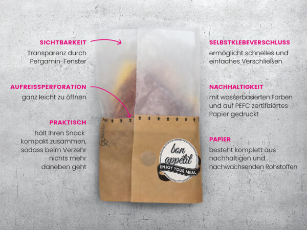 Snackbag zum Aufreißen "bon appétit" Fifty Fifty, Papier braun + Pergamin, M, 18x7x13 cm