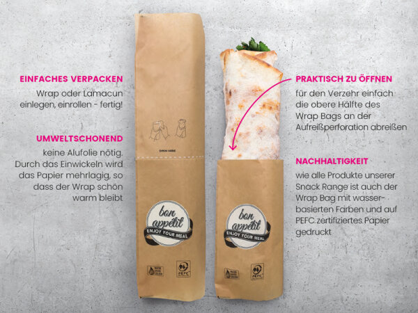 Wrap Bag "bon appétit" braun, 40x12/26 cm, zum Aufreißen