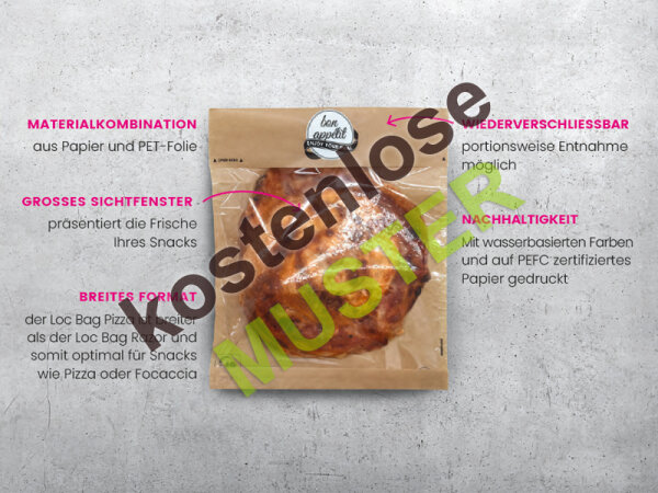 Musterartikel Snacktasche / Pizzatasche "bon appétit" Loc Bag Pizza, braun, 21x24,5 cm, mit Klebeverschluss zum Aufreißen