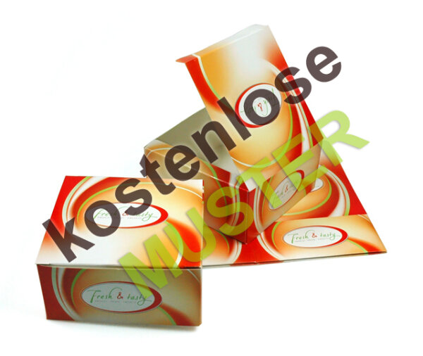 Musterartikel Snack-Faltbox mit Klappdeckel "Fresh & Tasty" bedruckt, quadratisch, 130x130x62 mm