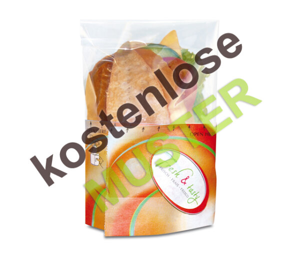 Musterartikel Snack Bag / Brötchentüte "Fresh & Tasty" zum aufreissen, bedruckt, klein, 180x125